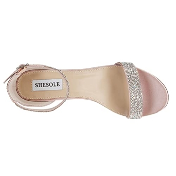SheSole Women's Open Toe Strappy Low Block Heel Bling Rhinestone Sandals for Wedding Bride Dress Shoes Champagne US Size 7