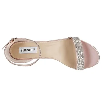 SheSole Women's Open Toe Strappy Low Block Heel Bling Rhinestone Sandals for Wedding Bride Dress Shoes Champagne US Size 7