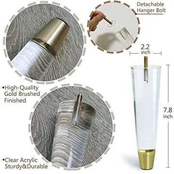JEREVER Acrylic Furniture Legs Replacement Cabinet Feet Modern Home Decor DIY Clear Legs Tapered Style Set of 4 (7.8inch)