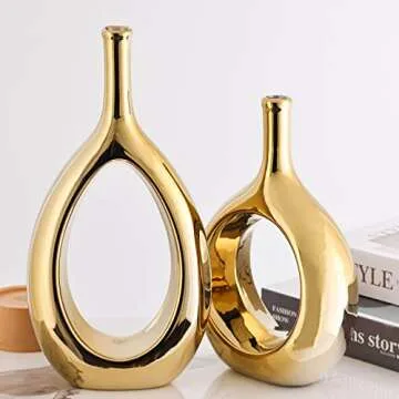 Glossy Gold Ceramic Vase Set of 2 - Elegant Home Decor