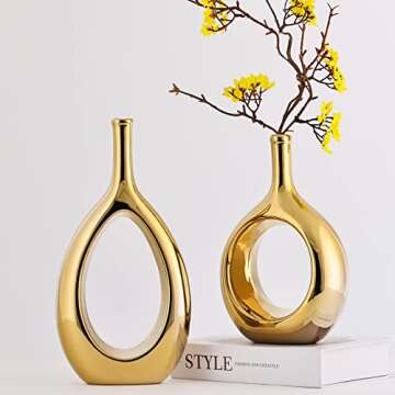 Glossy Gold Ceramic Vase Set of 2 - Elegant Home Decor