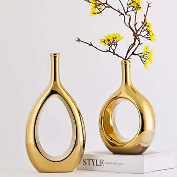 Glossy Gold Ceramic Vase Set of 2 - Elegant Home Decor