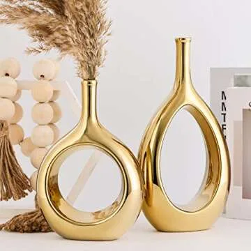 Glossy Gold Ceramic Vase Set of 2 - Elegant Home Decor