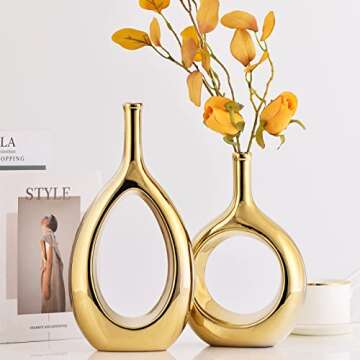 Glossy Gold Ceramic Vase Set of 2 - Elegant Home Decor