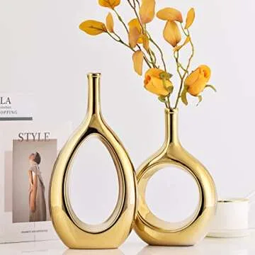Glossy Gold Ceramic Vase Set of 2 - Elegant Home Decor
