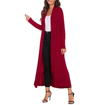 Bluetime Women Floor Length Open Front Cardigan Lightweight Long Sleeve Maxi Duster with Pockets (XL, Red)