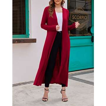 Bluetime Women Floor Length Open Front Cardigan Lightweight Long Sleeve Maxi Duster with Pockets (XL, Red)