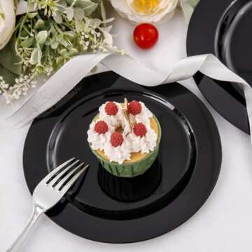 FLOWERCAT 60PCS Black Plastic Plates - Heavy Duty Black Disposable Plates for Party/New Year/Wedding...