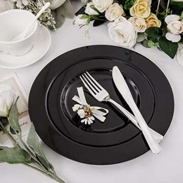FLOWERCAT 60PCS Black Plastic Plates - Heavy Duty Black Disposable Plates for Party/New Year/Wedding - Include 30PCS 10.25inch Black Dinner Plates and 30PCS 7.5inch Black Dessert/Salad Plates