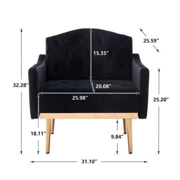 RXRRXY Modern Velvet Accent Chair, Living Room, Bedroom Leisure Single Sofa Chair (with Gold Metal feet), TV armrest seat, Suitable for Small Space Home, Office, Coffee Chair (L Black)