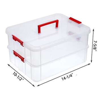 JUXYES 2-Tiers Stack Carry Storage Box With Handle, Transparent Stackable Storage Bin With Handle Li...