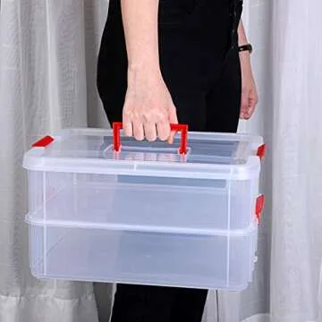 JUXYES 2-Tiers Stack Carry Storage Box With Handle, Transparent Stackable Storage Bin With Handle Lid Latching Storage Container for School & Office Supplies (Red)