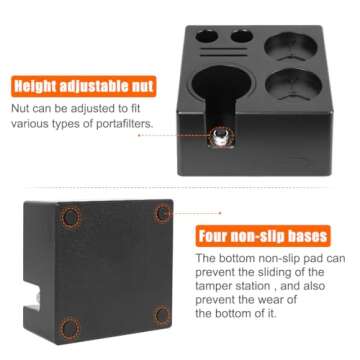 Espresso Tamper Station, Black Tamping Station Plastic Coffee Tamper Stand, Portafilter Holder for 51/54/58mm Espresso Machine Accessories(7 IN One)