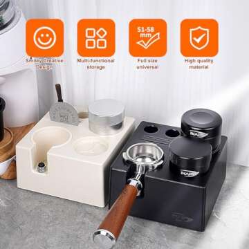 Espresso Tamper Station, Black Tamping Station Plastic Coffee Tamper Stand, Portafilter Holder for 51/54/58mm Espresso Machine Accessories(7 IN One)
