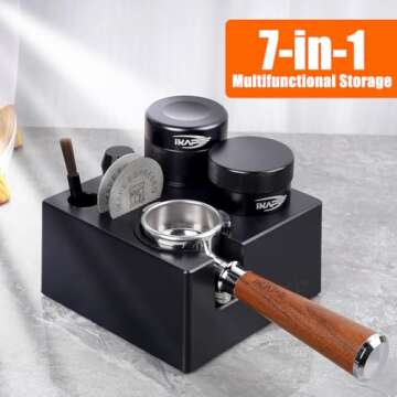 Espresso Tamper Station, Black Tamping Station Plastic Coffee Tamper Stand, Portafilter Holder for 51/54/58mm Espresso Machine Accessories(7 IN One)