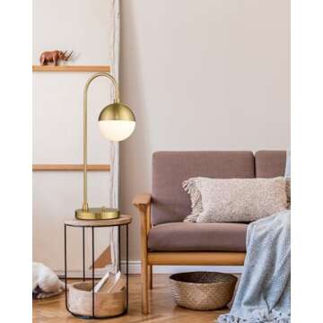 LMS Modern Gold Table Lamp with White Glass Globe, Gold Desk Light Bedside Lamp with Brushed Brass Finished for Living Room Office Nightstand, Dimmable Switch