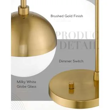 LMS Modern Gold Table Lamp with White Glass Globe, Gold Desk Light Bedside Lamp with Brushed Brass Finished for Living Room Office Nightstand, Dimmable Switch