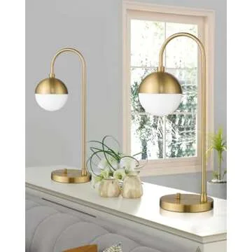 LMS Modern Gold Table Lamp with White Glass Globe, Gold Desk Light Bedside Lamp with Brushed Brass Finished for Living Room Office Nightstand, Dimmable Switch