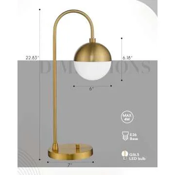 LMS Modern Gold Table Lamp with White Glass Globe, Gold Desk Light Bedside Lamp with Brushed Brass Finished for Living Room Office Nightstand, Dimmable Switch