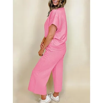 Fazortev Womens 2 Piece Outfits Sweatsuit Short Sleeve Tops and Drawstring Waist Cropped Wide Leg Pants Loungewear Sets Pink
