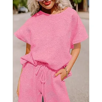 Fazortev Womens 2 Piece Outfits Sweatsuit Short Sleeve Tops and Drawstring Waist Cropped Wide Leg Pants Loungewear Sets Pink