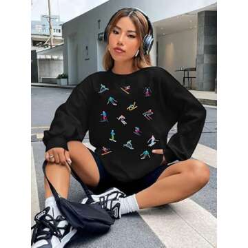 LOTUCY Ski Sweatshirts Women Skier Graphic Print Shirts Retro Ski Crewneck Tops Winter Long Sleeve Pullovers Black