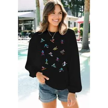 LOTUCY Ski Sweatshirts Women Skier Graphic Print Shirts Retro Ski Crewneck Tops Winter Long Sleeve Pullovers Black