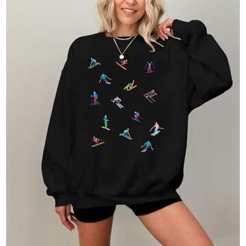 LOTUCY Ski Sweatshirts Women Skier Graphic Print Shirts Retro Ski Crewneck Tops Winter Long Sleeve Pullovers Black