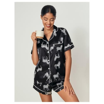 WDIRARA Women's Sleepwear Zebra Print Shirt and Shorts Cute Pajama Set Animal Black S