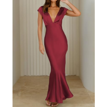 Halfisland Satin V Neck Cap Sleeve Midi Dress for Women