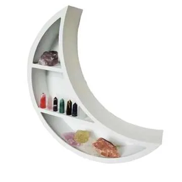 Kirpi Crescent Moon Shelf for Crystals, White Floating Moon Shelf Hanging, Wall Art Floating Shelves...