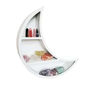 Kirpi Crescent Moon Shelf for Crystals, White Floating Moon Shelf Hanging, Wall Art Floating Shelves for Bathroom, Boho Decorative Hanging Moon Shelves,17''x 15''x 3'' (White Style 2)