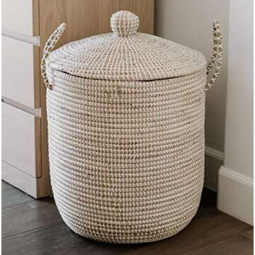 Jolie Market Paris Wicker Laundry Hamper - Bohemian Seagrass Laundry Hamper Basket- Storage Bin, Home Decor, Portable, 100% Eco-Friendly (Large)