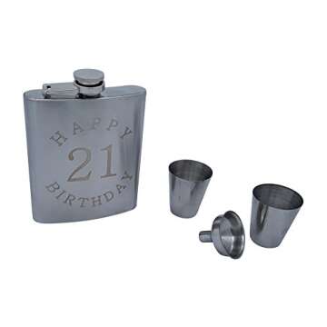 21st Birthday Flask Gift Set - 7 oz Flask Engraved with Happy 21 Birthday