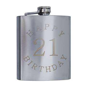 21st Birthday Flask Gift Set - 7 oz Flask Engraved with Happy 21 Birthday