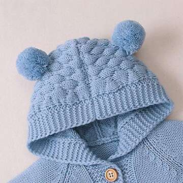 OBEEII Baby Sweater Romper Warm Knit Hooded Jumpsuit Long Sleeve One Piece Outfits Light Blue 0-6 Months