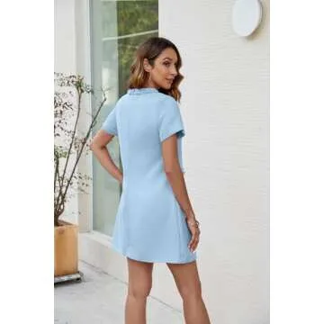 Ladyful Womens Tweed Jackie Dress Short Sleeve Elegant Crew Neck Business Party Vintage Button Bodycon Mini Jackie Dress Blue