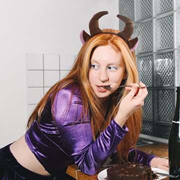 C-ZOFEK Women' Cosplay Brown Cow Horns Headband Halloween Devil Headwear Cute Headpiece Kawaii Headd...