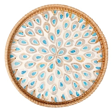 Tynulox Round Rattan Tray with Mother of Pearl Inlay, Rattan Serving Tray for Coffee, Bread, Fruits,...
