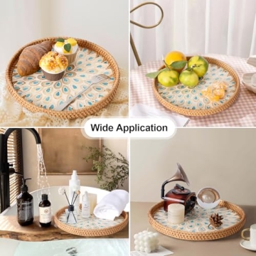 Elegant Rattan Serving Tray with Peacock Feathers Design