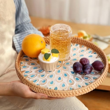 Elegant Rattan Serving Tray with Peacock Feathers Design