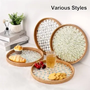 Elegant Rattan Serving Tray with Peacock Feathers Design