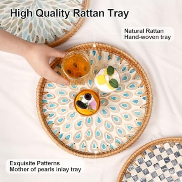 Elegant Rattan Serving Tray with Peacock Feathers Design