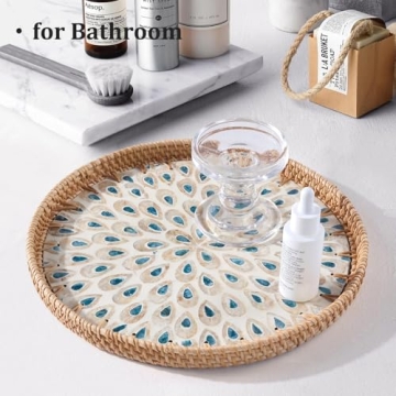 Elegant Rattan Serving Tray with Peacock Feathers Design