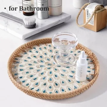 Elegant Rattan Serving Tray with Peacock Feathers Design
