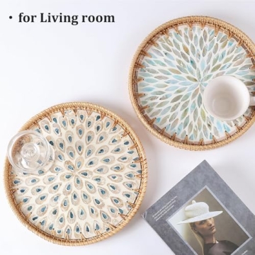Elegant Rattan Serving Tray with Peacock Feathers Design