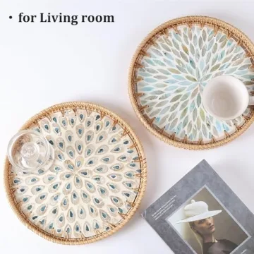 Elegant Rattan Serving Tray with Peacock Feathers Design