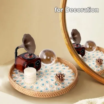 Elegant Rattan Serving Tray with Peacock Feathers Design