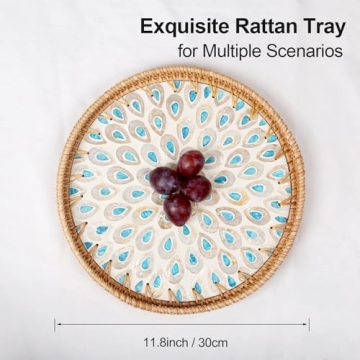 Elegant Rattan Serving Tray with Peacock Feathers Design