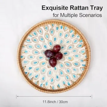 Elegant Rattan Serving Tray with Peacock Feathers Design